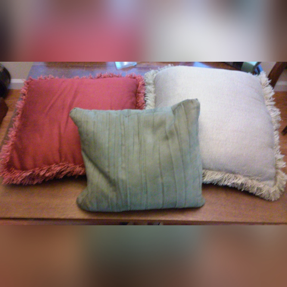 NEVER USED 3 PILLOW SET  RUSTIC RED, TAN AND OLIVE GREEN
